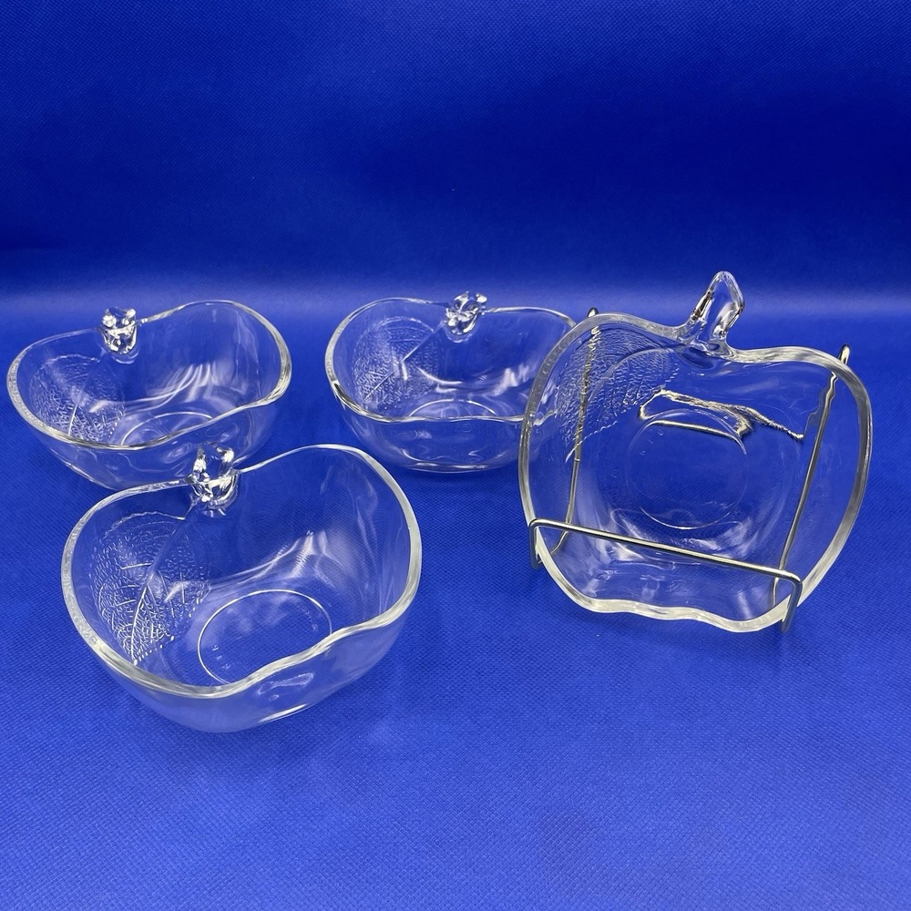 VINTAGE KIG Indonesian Clear Glass Apple Shape Bowls Set Of (4) Etched‎ Leaves